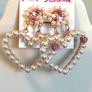 Betsey Johnson Open Heart Pearl/Pink Crystal Drop Earrings